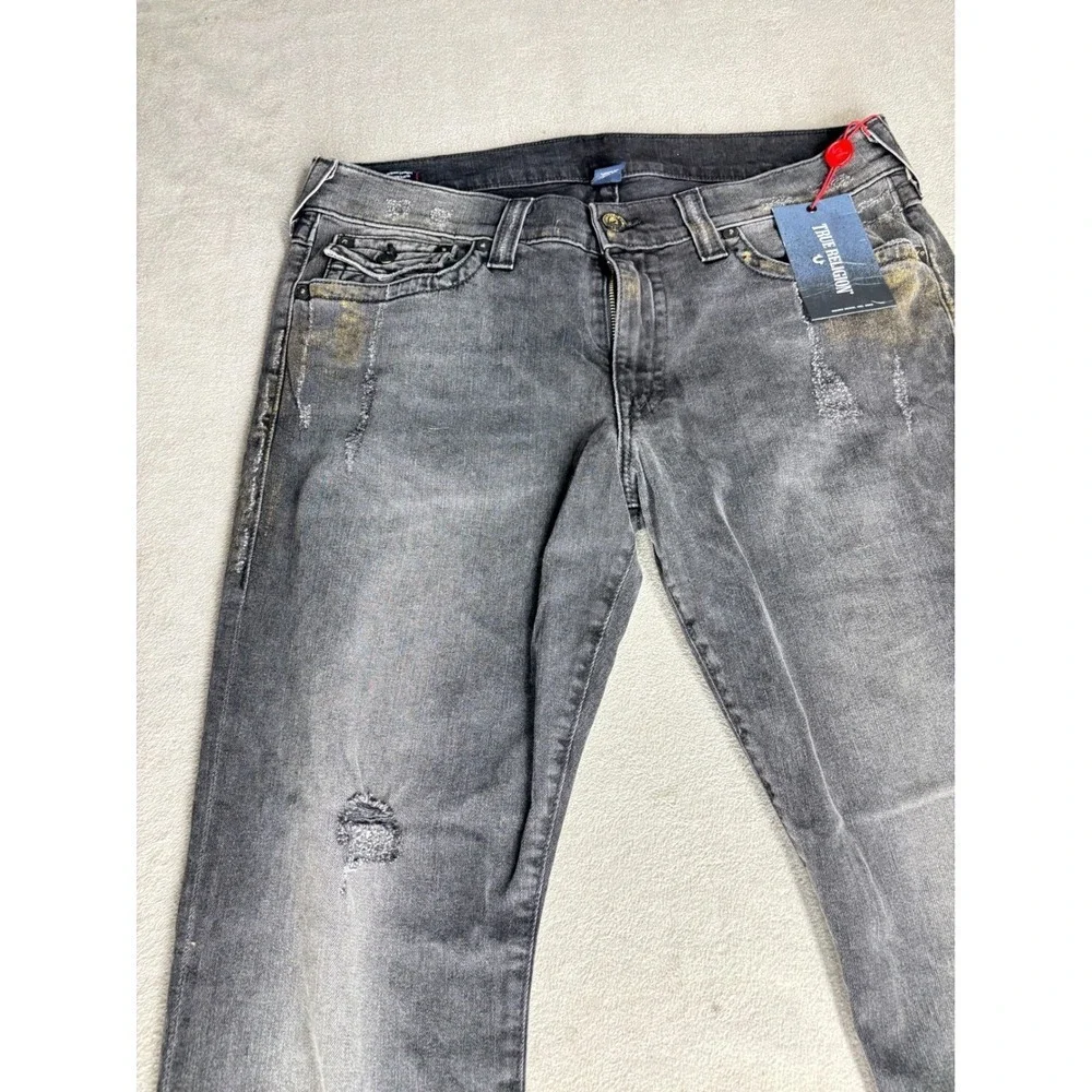 True Religion Ricky W Flap Straight Jeans Black Gold Snake Distressed Mens 38